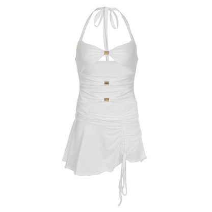 fashion Solid Hollow Out Deep V-neck Dress Backless Halter Sexy Party Slim Chic Clothes Bodycon Sleeveless Summer Outfits