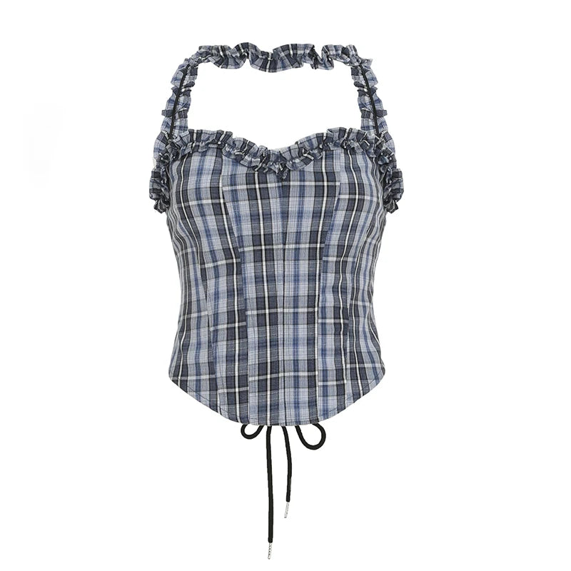 fashionPlaid Print Corset Sexy Bustiers Fashion Halter Neck Basic Backless Bandage Streetwear Tops Slim Chic Outfits