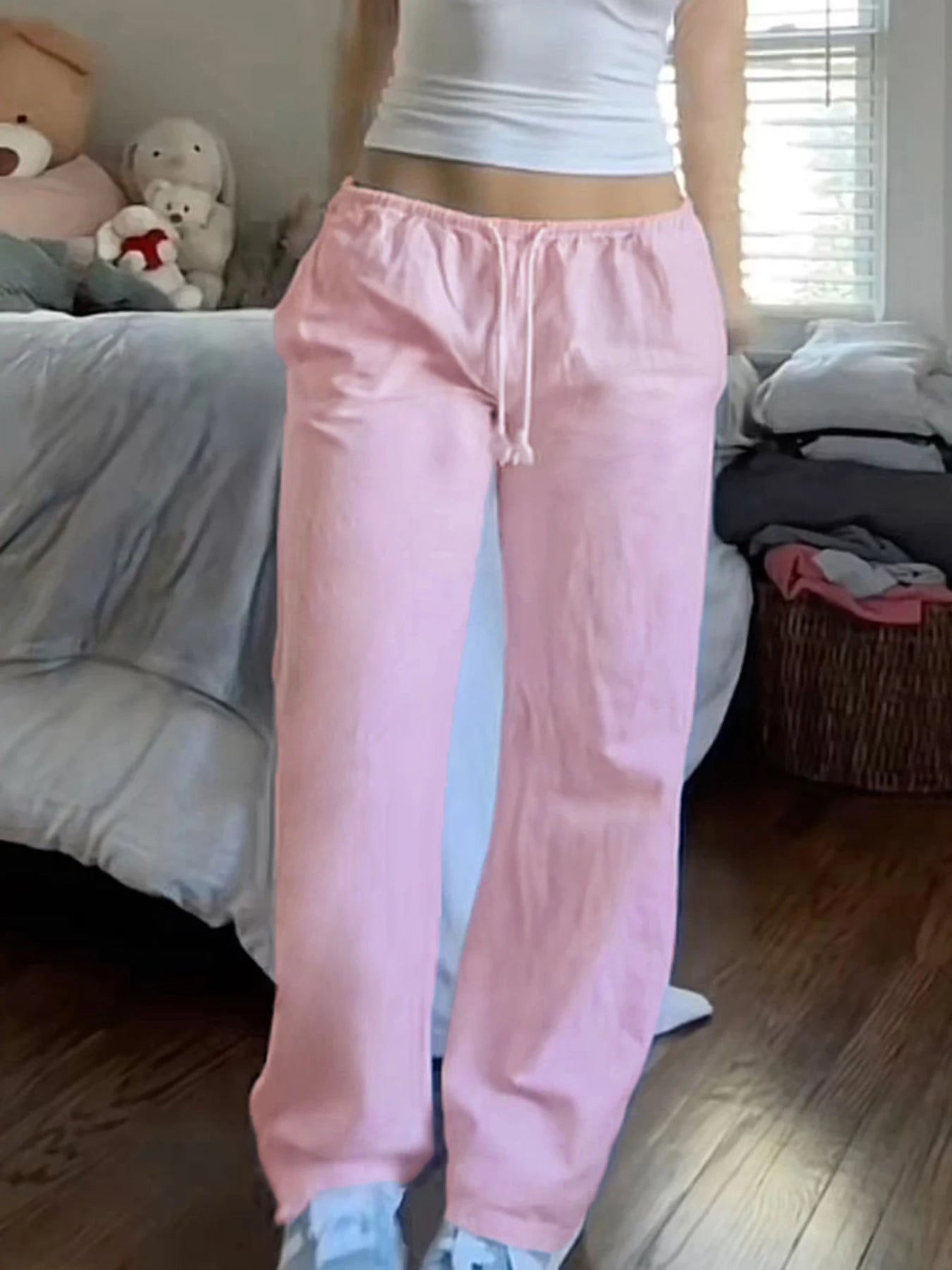 fashionCasual Solid All-match Drawstring Pants Chic Streetwear Korea Slim Straight Sweet Trousers Pink Basic Y2k Bottoms
