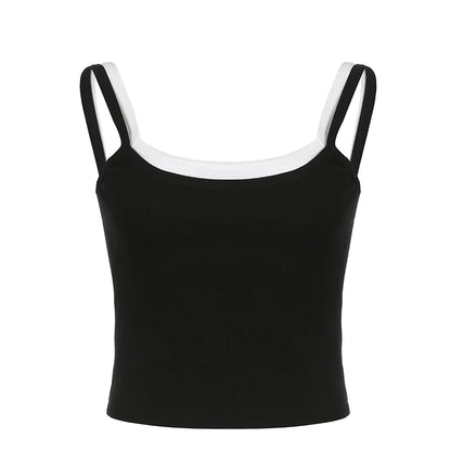 fashion Crewneck Black and White Patchwork Tops Fashion Casual Summer Cute Shirts Sleeveless Harajuku Vintage Women Tees