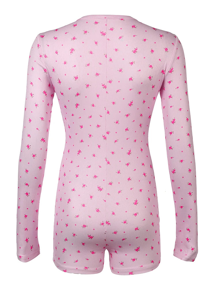 fashion Floral Print Chic Rompers for Women Aesthetic Crewneck 2000s Long Sleeves Jumpsuits Sweet Korean Harajuku Cloth