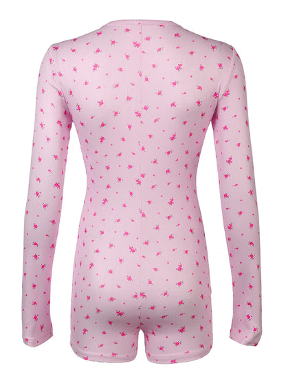 fashion Floral Print Chic Rompers for Women Aesthetic Crewneck 2000s Long Sleeves Jumpsuits Sweet Korean Harajuku Cloth