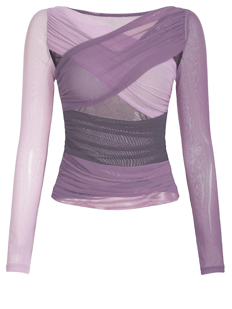 fashion Patchwork Asymmetry Slim Tee Shirts Long Sleeves V-neck Aesthetic Fashion Clothes Vintage Solid Women's Streetwear