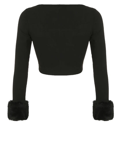 fashion Square Collar Y2K Tee Shirts Chic Casual Crop Tops Vintage Streetwear Long Sleeves Fur Cuff Slim Kintted Clothes