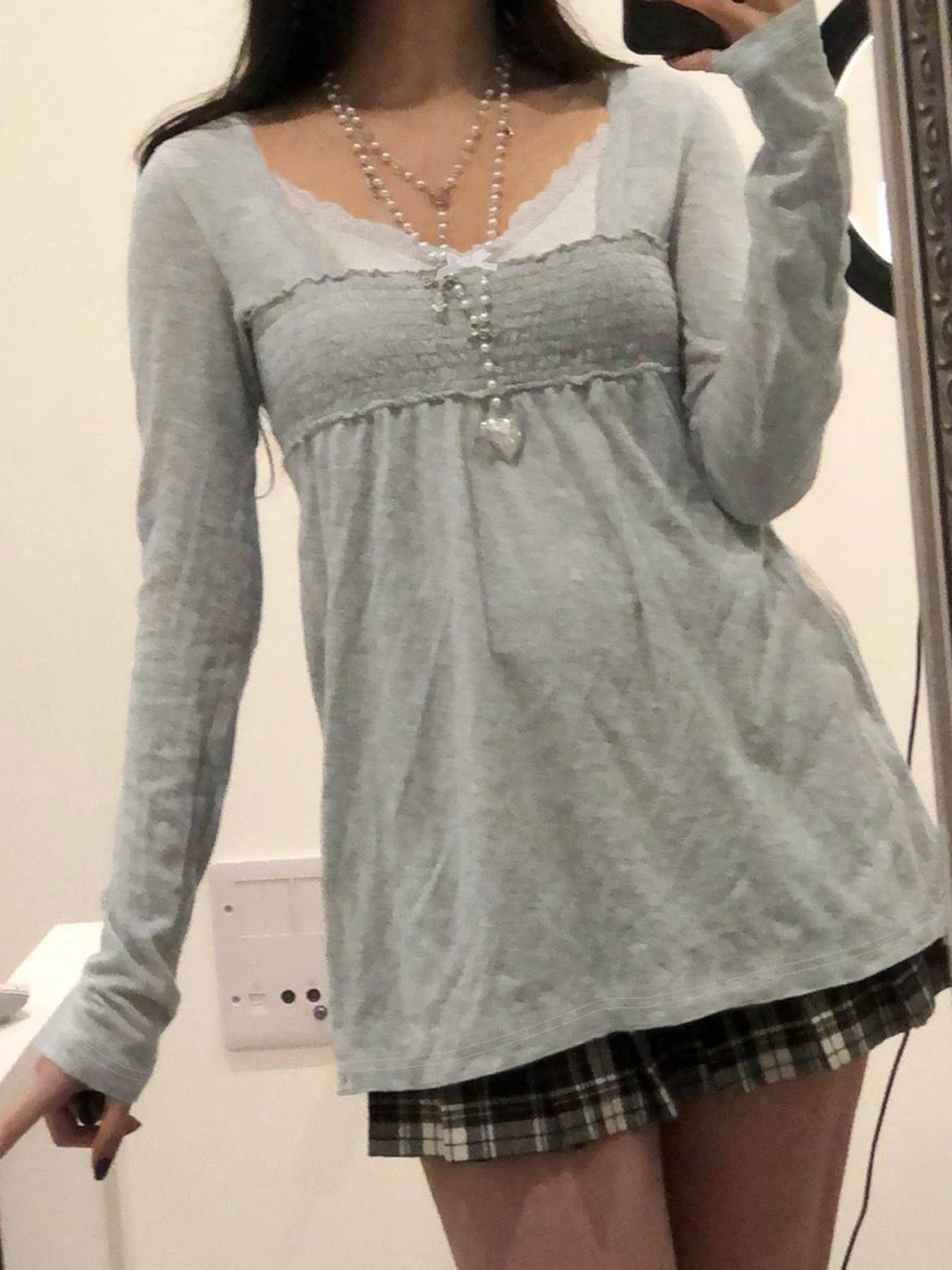 fashion Lace Patchwork Square Collar Sweet T-Shirts Y2K Aesthetic Fashion Long Sleeved Tops Vintage Harajuku Women Outfits