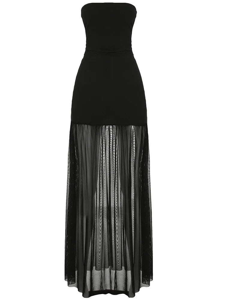 fashionSexy Hot Strapless Basic Mesh Dresses for Women Backless Split Elegant Evening Dress Casual Floor-length Dress