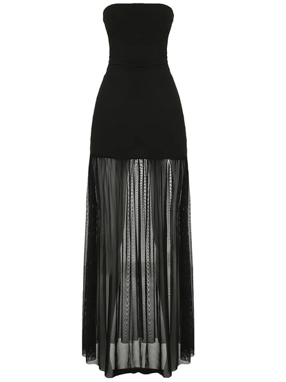 fashionSexy Hot Strapless Basic Mesh Dresses for Women Backless Split Elegant Evening Dress Casual Floor-length Dress