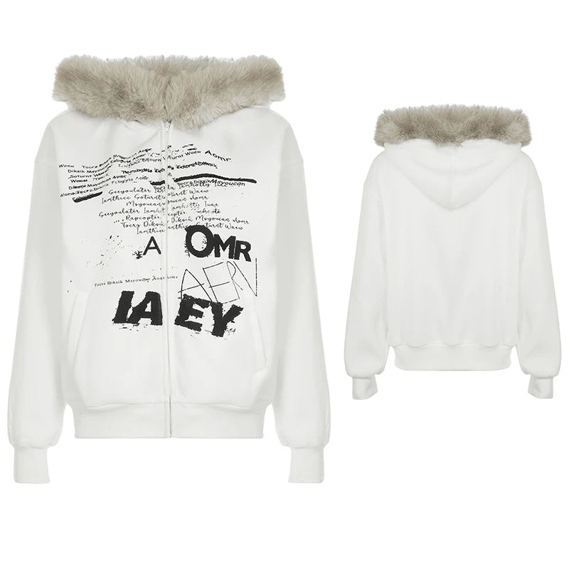 fashionZip Up Fur Neck Hoodie Coats Fashion Slim Solid Y2K Vintage Women's Jackets Casual Streetwear Chic Basics Clothes
