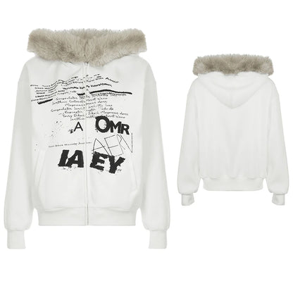 fashionZip Up Fur Neck Hoodie Coats Fashion Slim Solid Y2K Vintage Women's Jackets Casual Streetwear Chic Basics Clothes