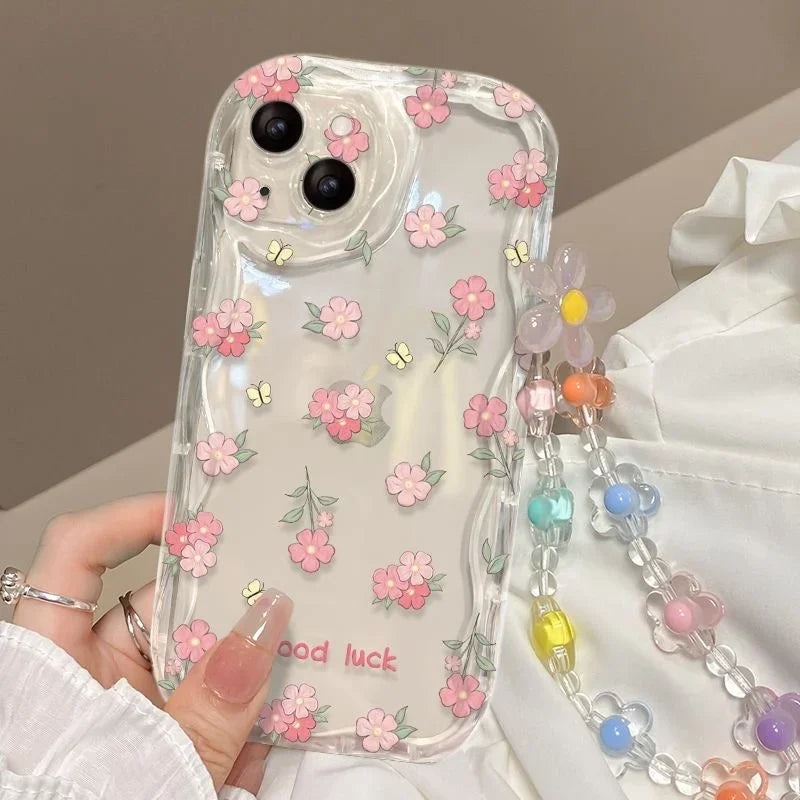 3D Flower Chain Lanyard Phone Case For Redmi Note 13 Pro Plus 5G 13C 4G Soft Wavy Edge Oil Painting Flowers Protective Cover