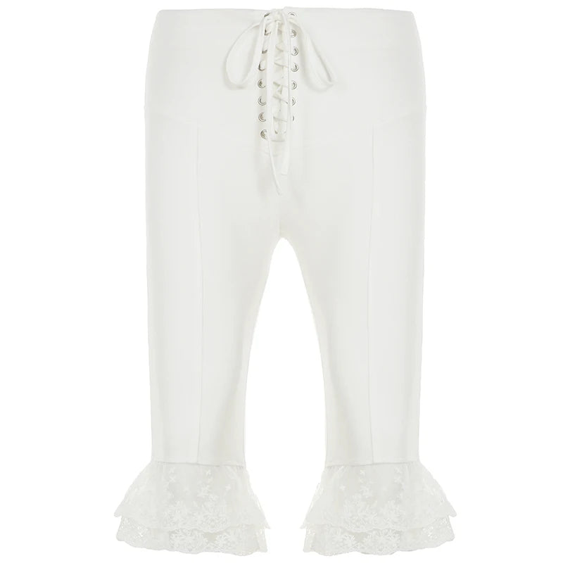 fashion Aesthetic Streetwear Basic White Middle Pants Lace Harajuku Slim Casual Elastic Bottoms Bandage Bodycon Trousers