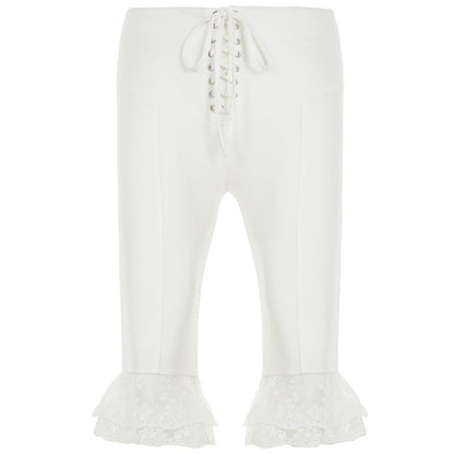 fashion Aesthetic Streetwear Basic White Middle Pants Lace Harajuku Slim Casual Elastic Bottoms Bandage Bodycon Trousers