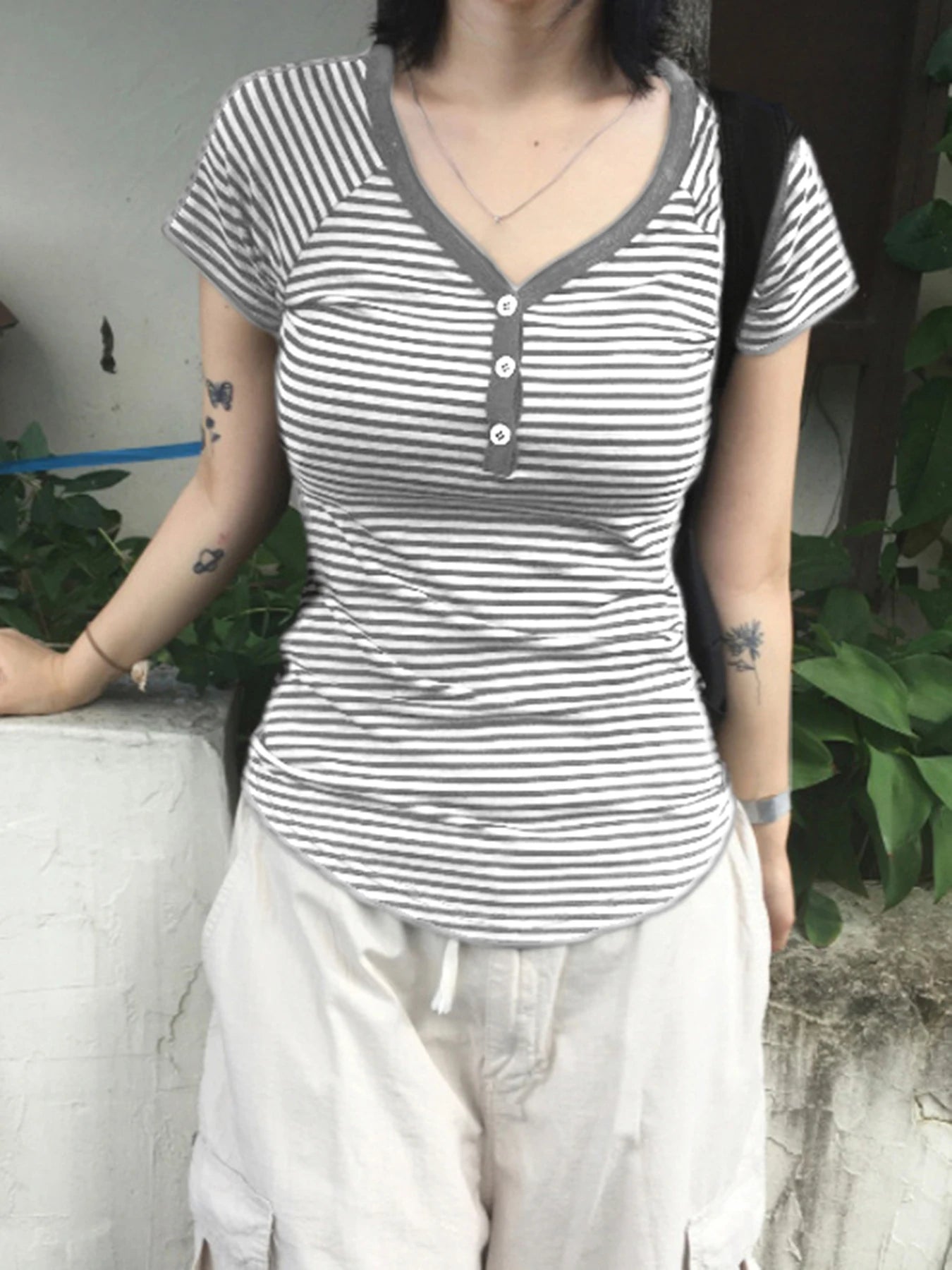 fashion Striped Print Buttons Up Women's Tops Fashion Streetwear Chic Aesthetic Korean Shirts Flare Sleeves Chic Tops