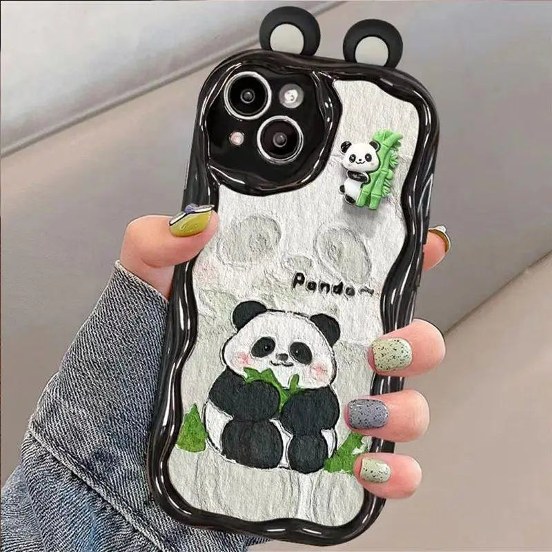 Cute Panda Toy Cartoon Ear Wave TPU Soft Phone Case For IPhone 16 15 12 11 Pro Max 14 Plus 13 Mini X XS XR 7 8 Plus SE Back Capa