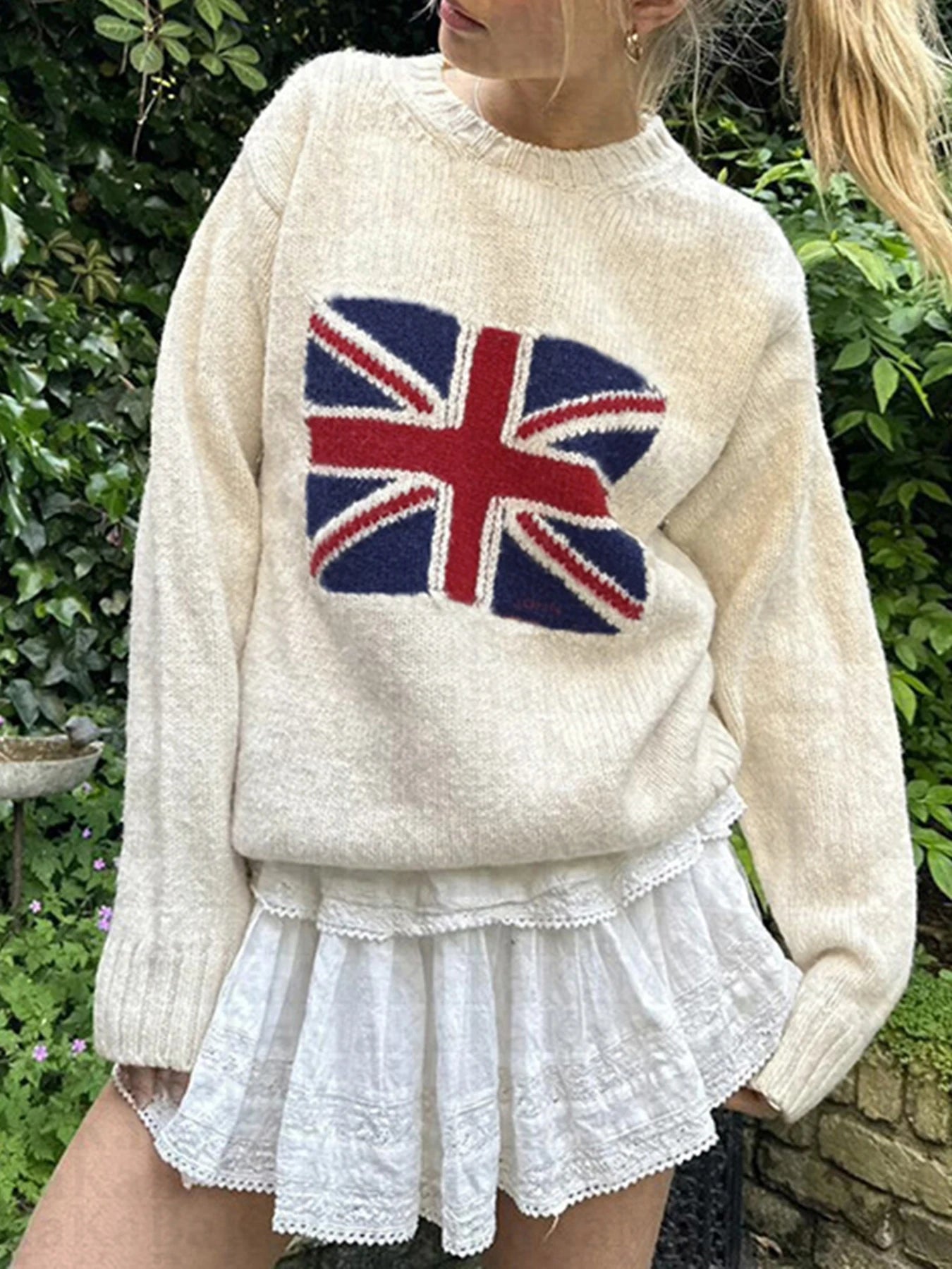 fashion Graphic Patchwork Knitted Sweaters Y2K Crewneck Fashion Loose Crochet Tops Autumn Vintage Casual Cute Pullovers