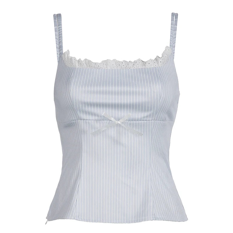fashion Lace Patchwork Slim Stripe Camisole Sexy Chic Sweet Sweetwear Bodycon Bustiers All-match Vintage Y2k Tops