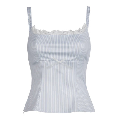 fashion Lace Patchwork Slim Stripe Camisole Sexy Chic Sweet Sweetwear Bodycon Bustiers All-match Vintage Y2k Tops