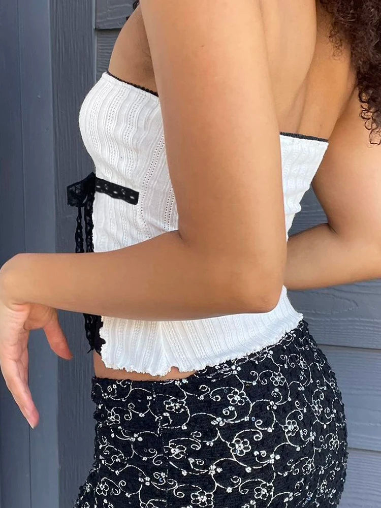 fashion Lace Patchwork Mesh Bow Lace-up Camisole Sleeveless Summer Sexy Slim Chic Cropped Tops Vintage Elastic Clothings
