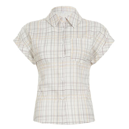 fashion Basic Plaid Print All-match Blouses Casual Retro Vintage Streetwear 90s Tops Baggy Button Fashion Lapel Clothings