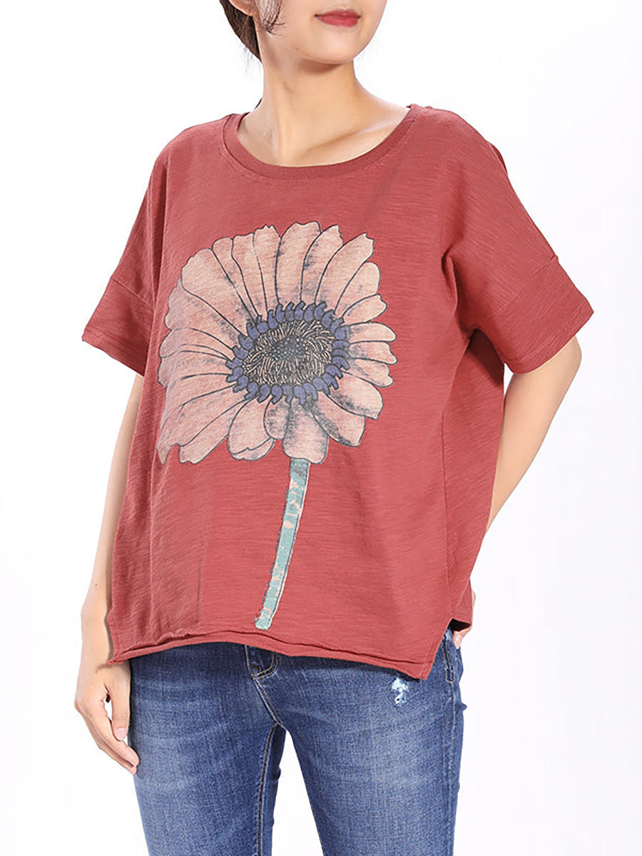 Plus Size Short Sleeve Sunflower Printed T-shirt