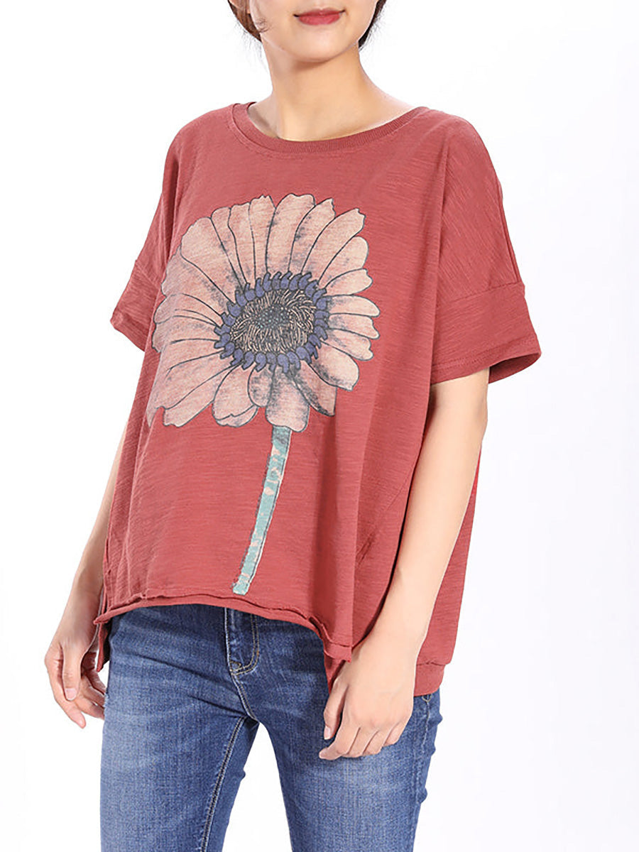 Plus Size Short Sleeve Sunflower Printed T-shirt