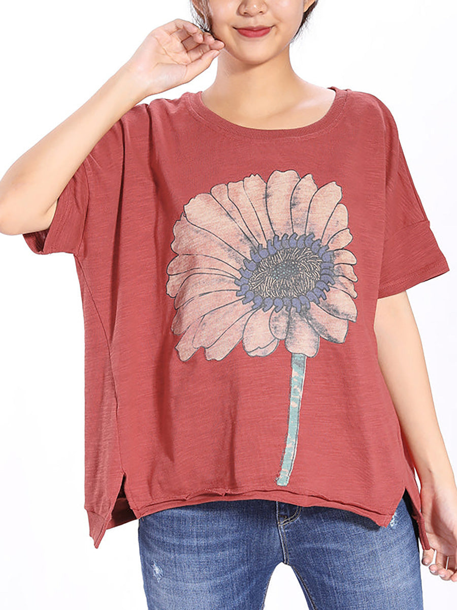 Plus Size Short Sleeve Sunflower Printed T-shirt