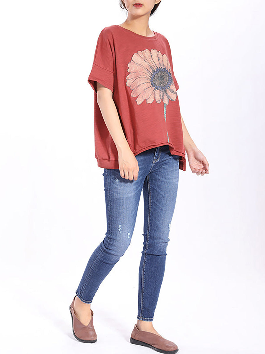Plus Size Short Sleeve Sunflower Printed T-shirt