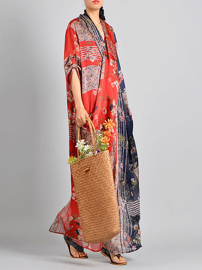 Plus Size Spliced Floral Print Vintage Tencel Women Dress