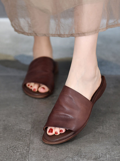 Women Summer Solid Soft Leather Flat Sandals