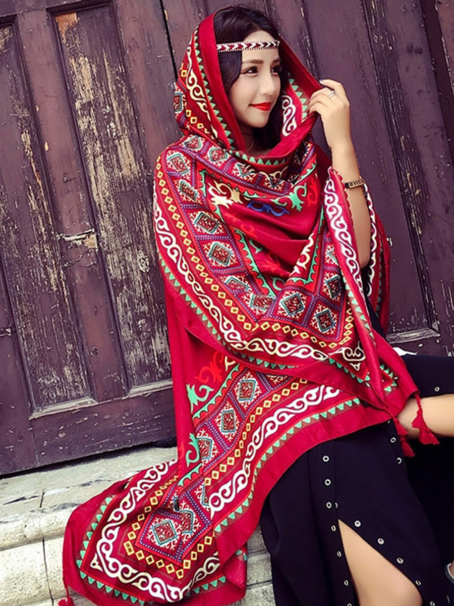 Vintage Sunscreen Tasseled Printed Traveling Floral Shawl Scarf