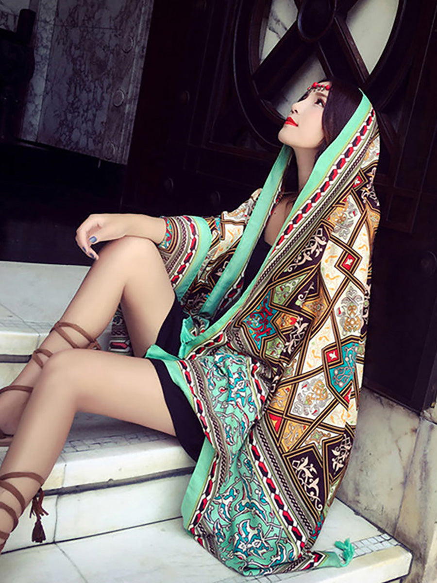 Vintage Sunscreen Tasseled Printed Traveling Floral Shawl Scarf