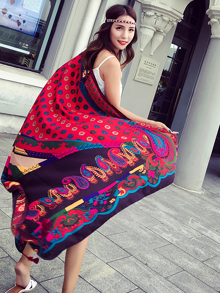 Vintage Sunscreen Tasseled Printed Traveling Floral Shawl Scarf