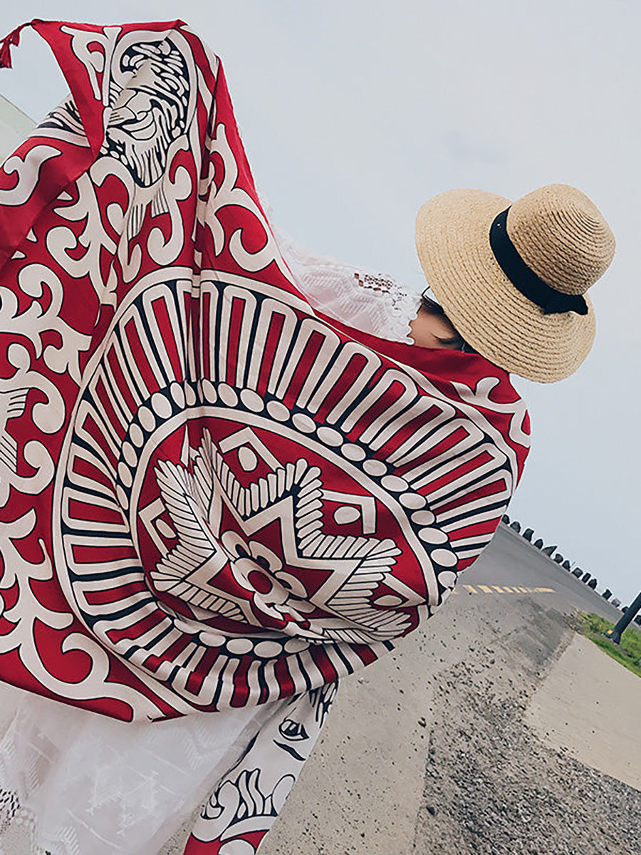 Vintage Sunscreen Tasseled Printed Traveling Floral Shawl Scarf