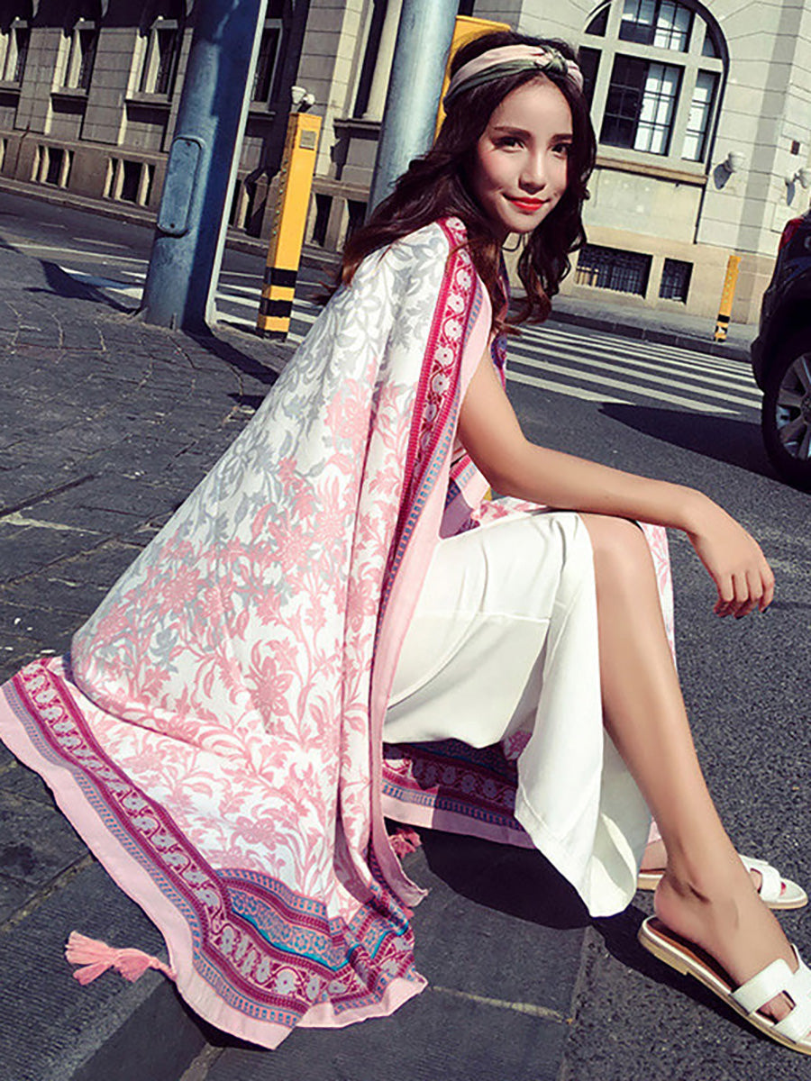 Vintage Sunscreen Tasseled Printed Traveling Floral Shawl Scarf