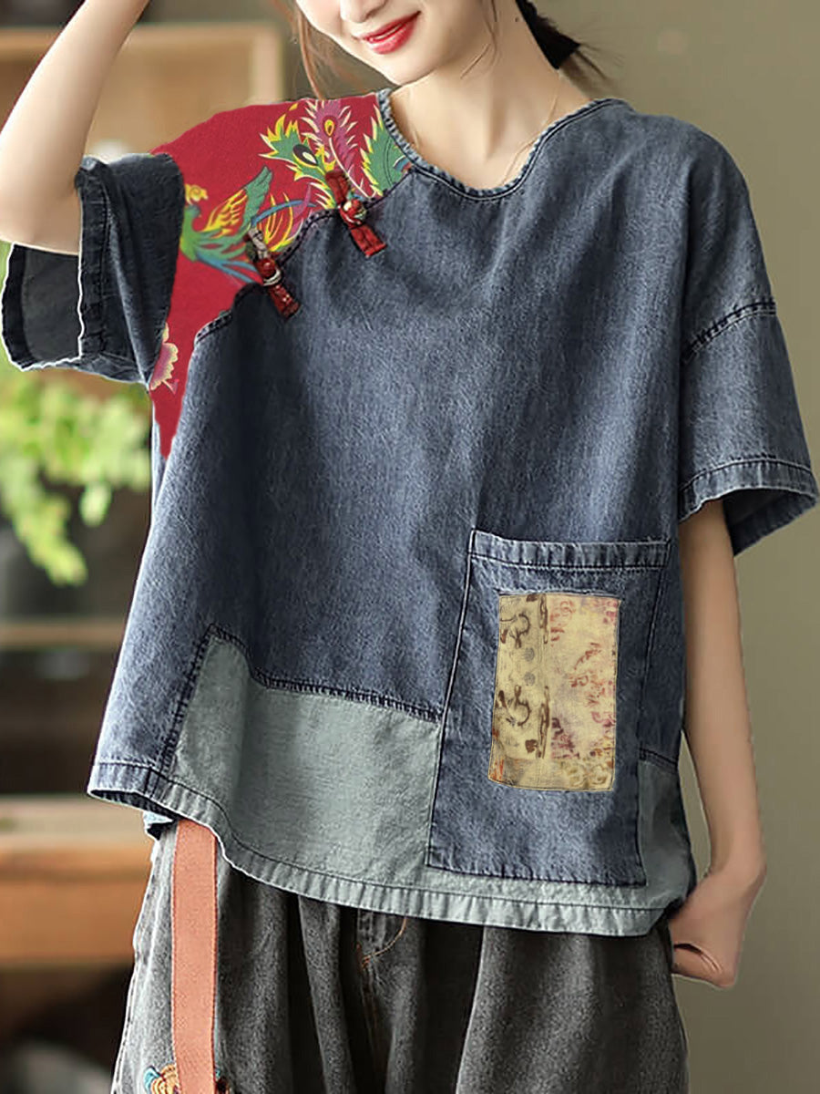 Plus Size Women Summer Vintage Spliced Denim Shirt