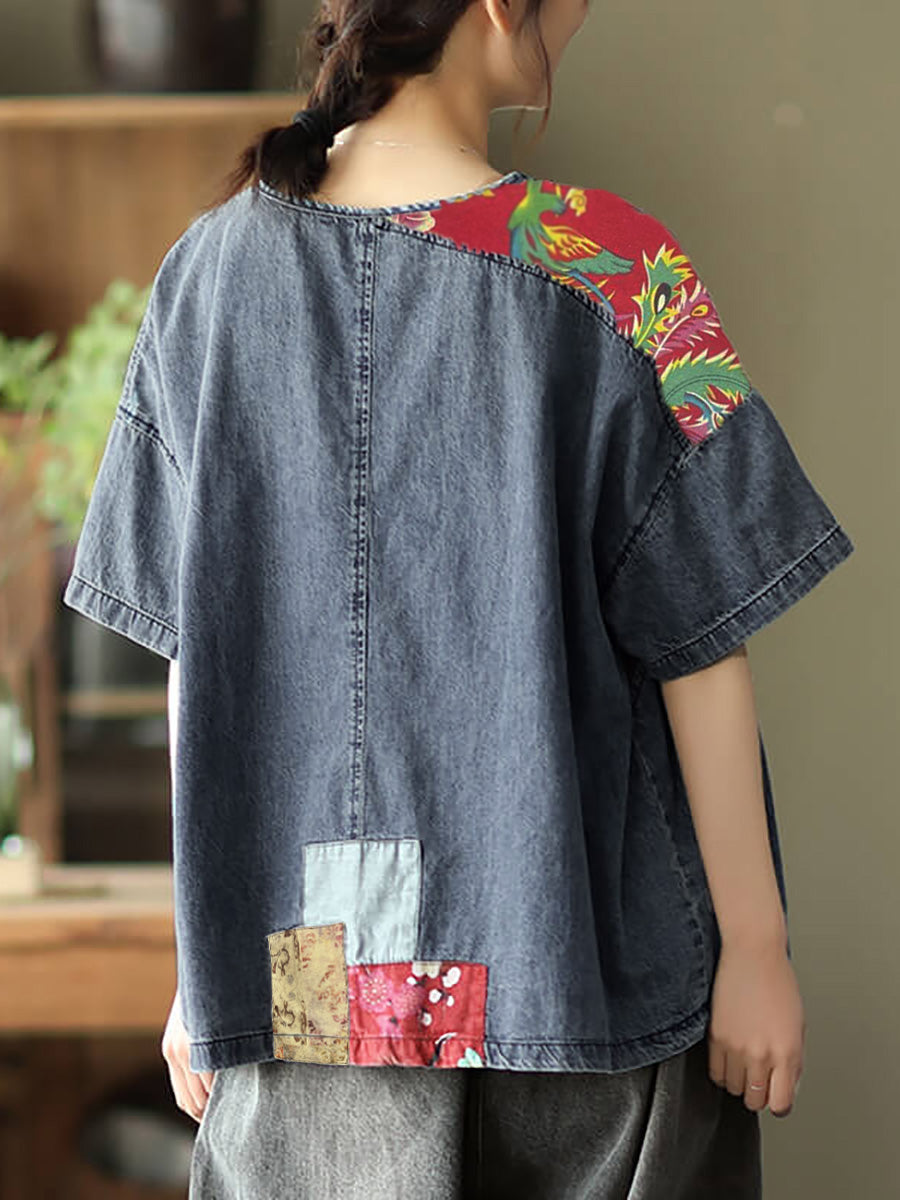 Plus Size Women Summer Vintage Spliced Denim Shirt