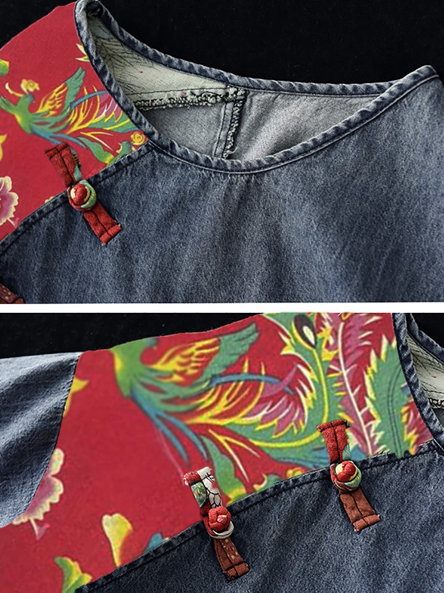 Plus Size Women Summer Vintage Spliced Denim Shirt