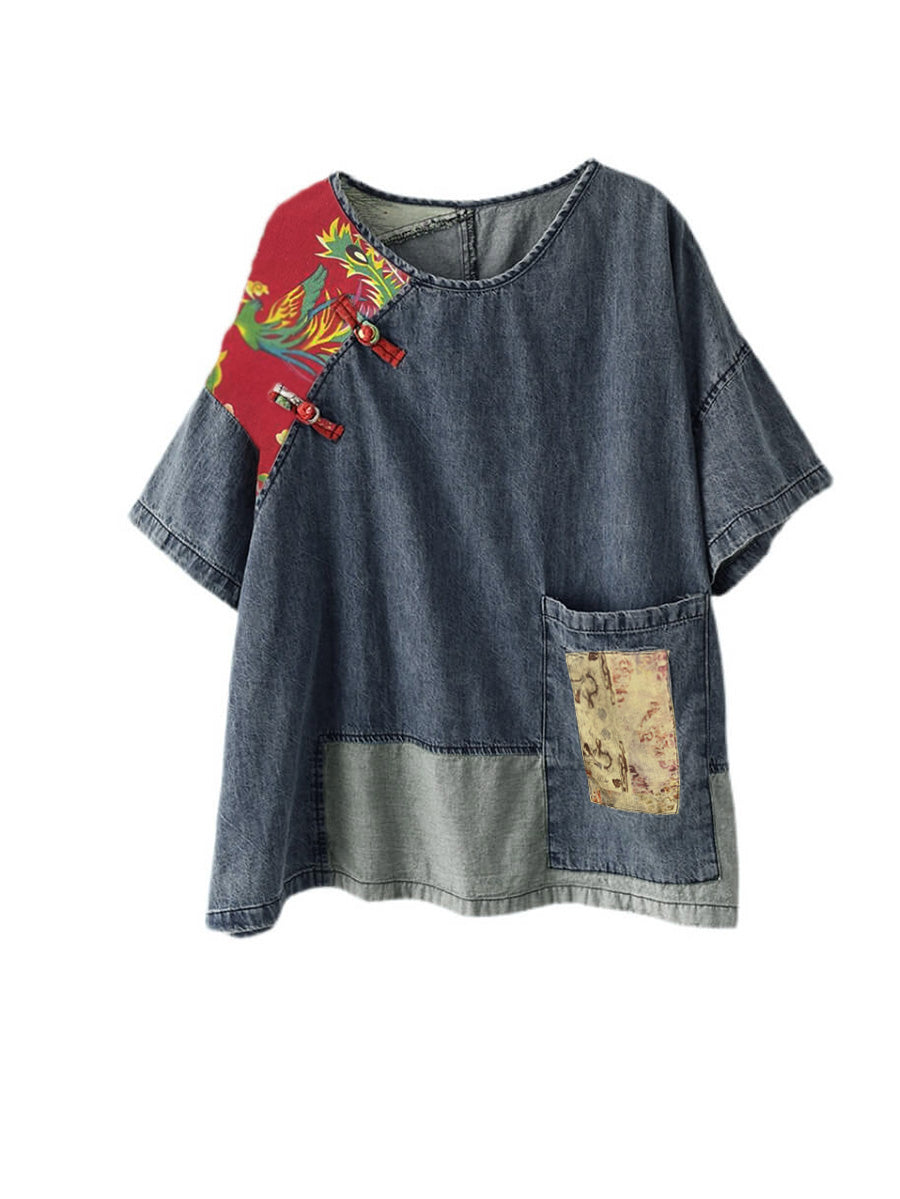 Plus Size Women Summer Vintage Spliced Denim Shirt