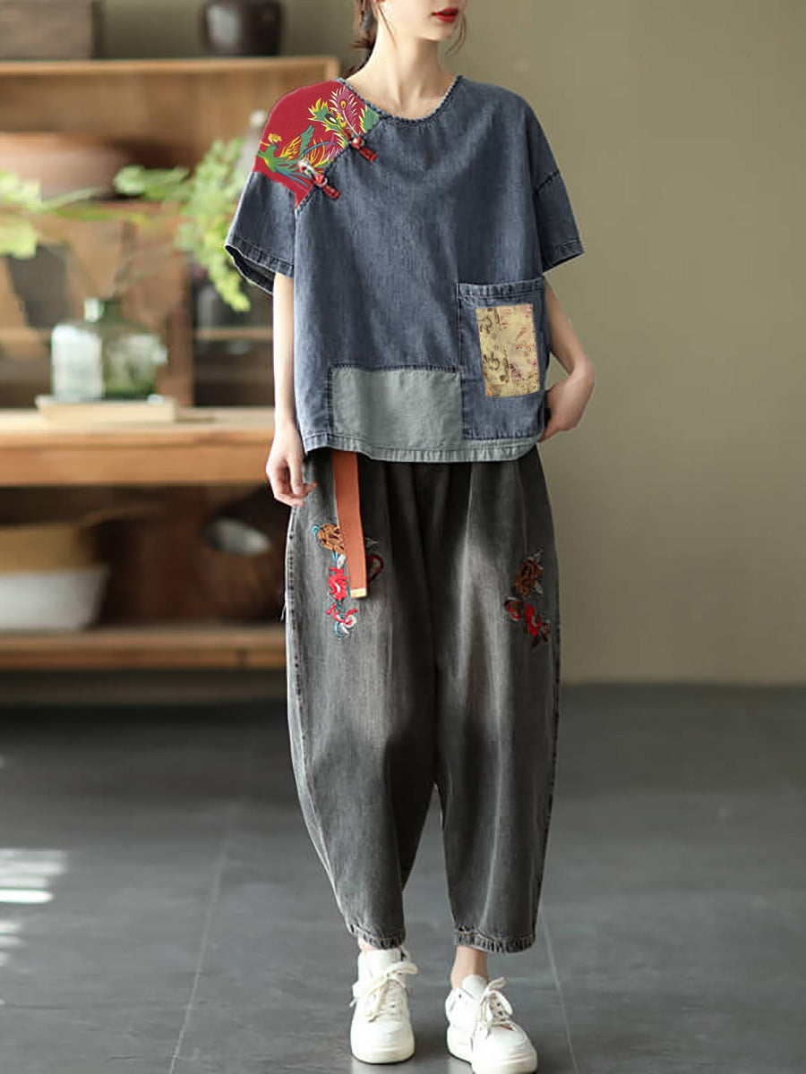 Plus Size Women Summer Vintage Spliced Denim Shirt