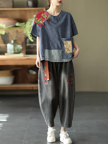 Plus Size Women Summer Vintage Spliced Denim Shirt