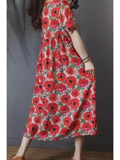 Plus Size Women Floral Vintage Casual Short Sleeve Dress