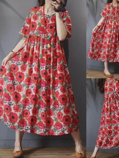 Plus Size Women Floral Vintage Casual Short Sleeve Dress