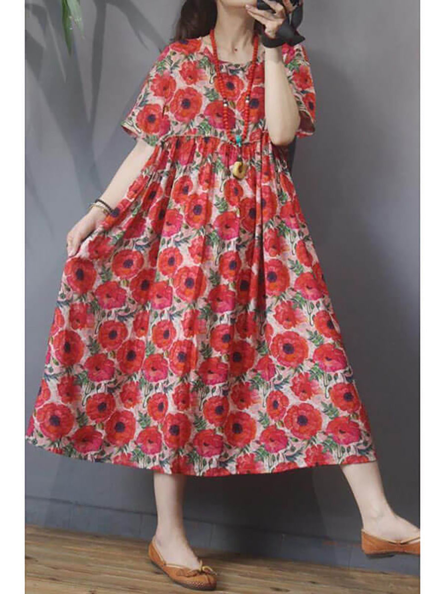 Plus Size Women Floral Vintage Casual Short Sleeve Dress