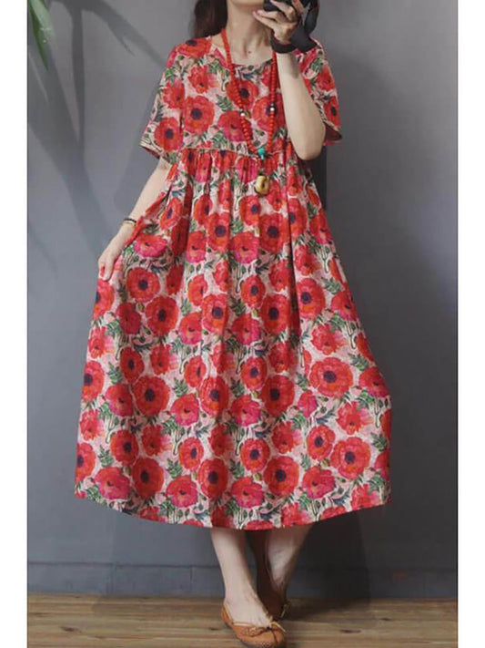 Plus Size Women Floral Vintage Casual Short Sleeve Dress