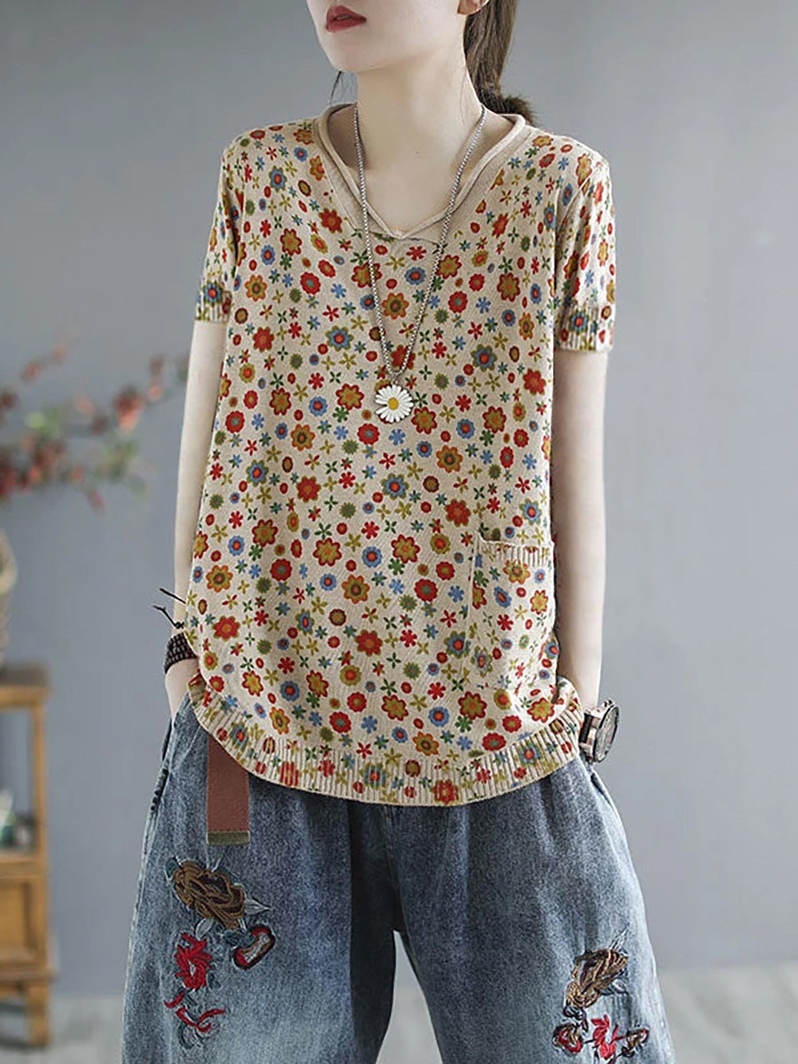 Plus Size Floral Spring Knitted Casual Print Pocket Sweater