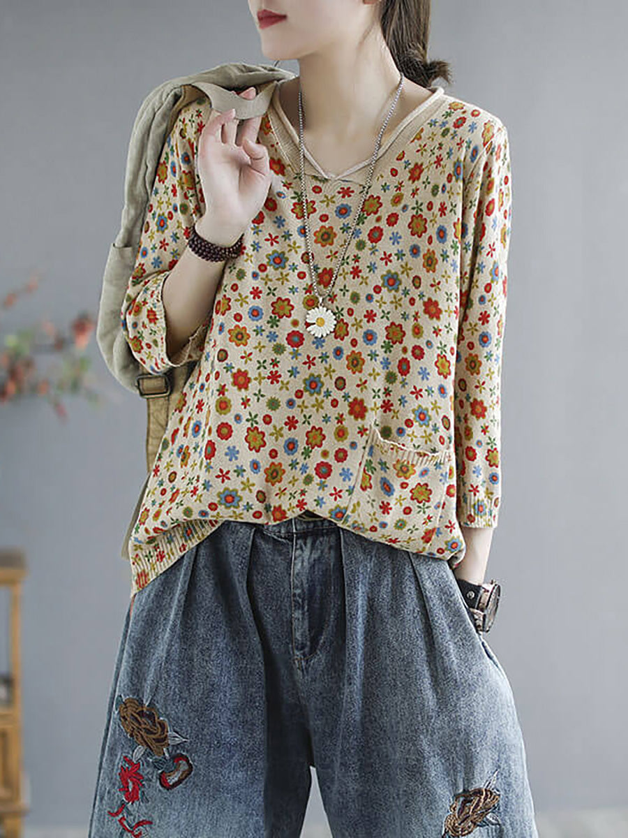 Plus Size Floral Spring Knitted Casual Print Pocket Sweater