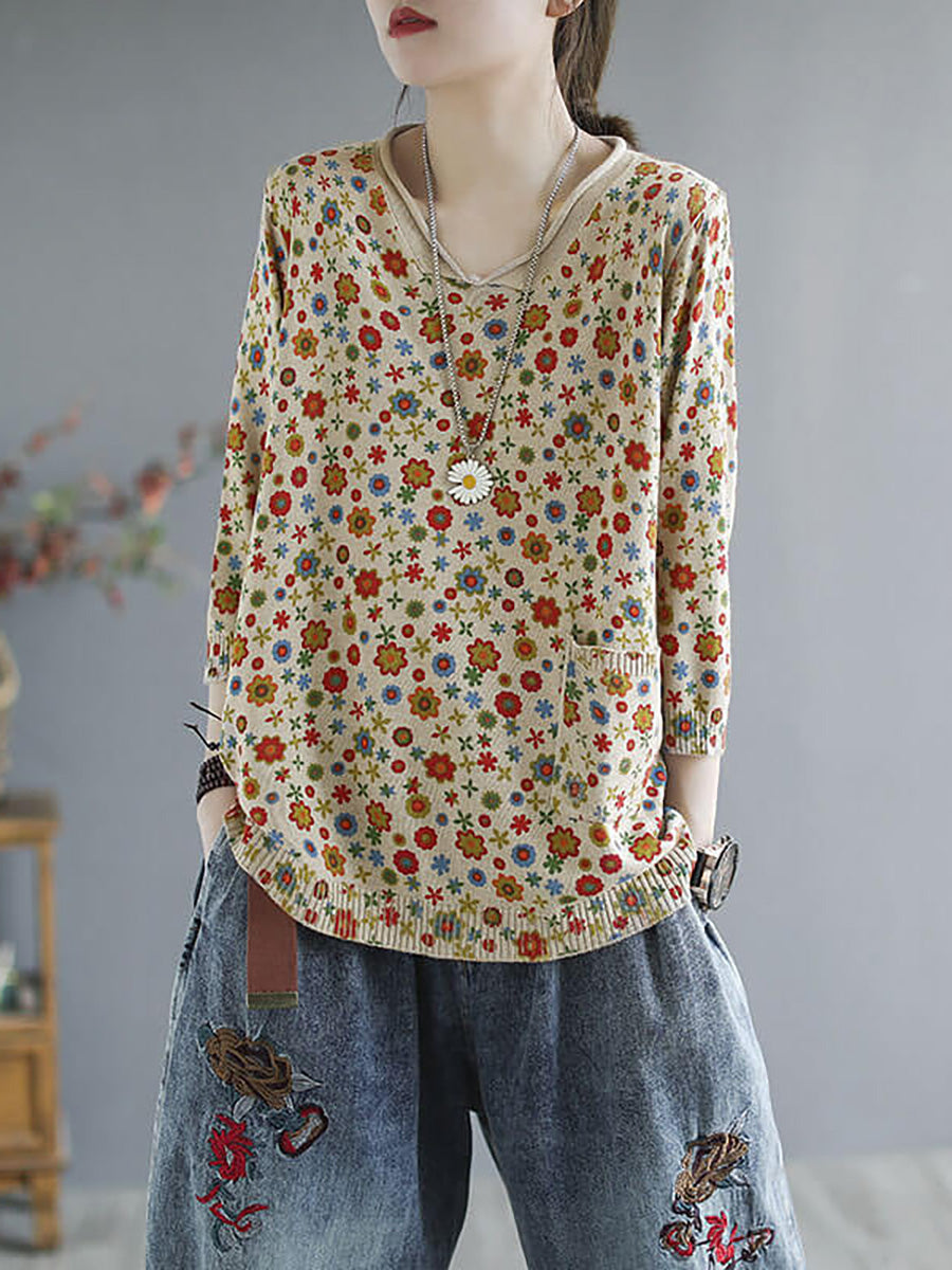 Plus Size Floral Spring Knitted Casual Print Pocket Sweater