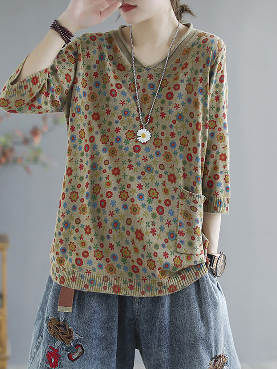 Plus Size Floral Spring Knitted Casual Print Pocket Sweater