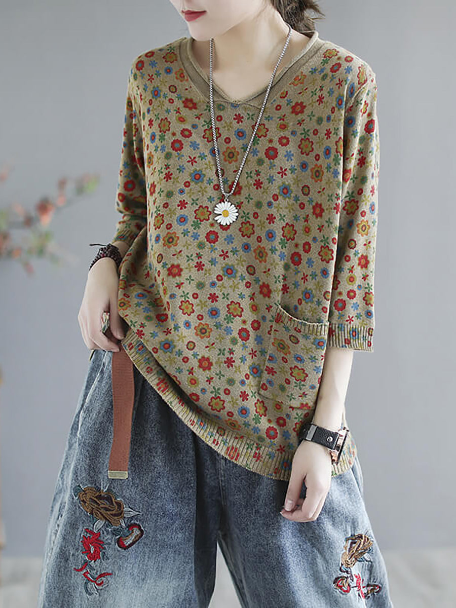 Plus Size Floral Spring Knitted Casual Print Pocket Sweater