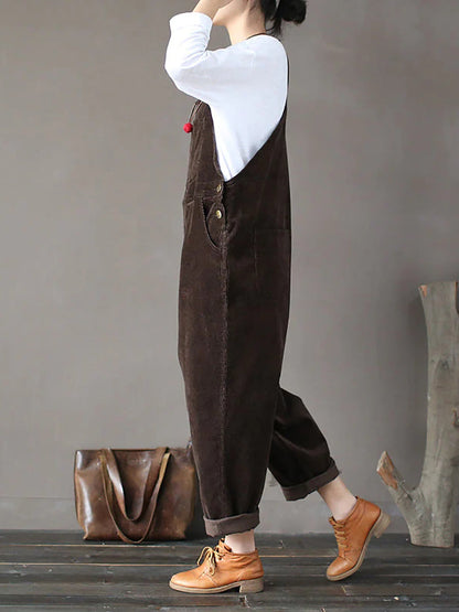 Plus Size Women Solid Color Corduroy Jumpsuits